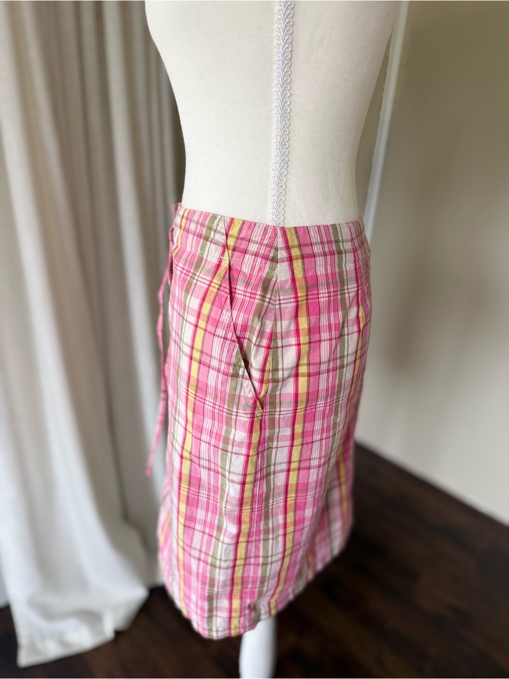 Vintage The Limited Y2K Pink & Green Plaid Tie-Waist Cotton Skirt Stripes Size 4 - Picture 5 of 7